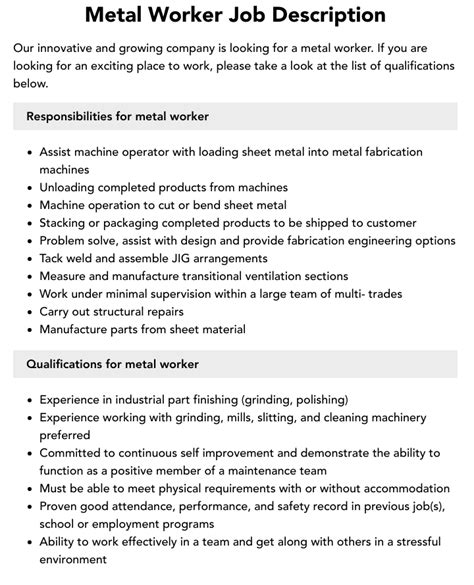 job description for sheet metal worker|steel worker duties and responsibilities.